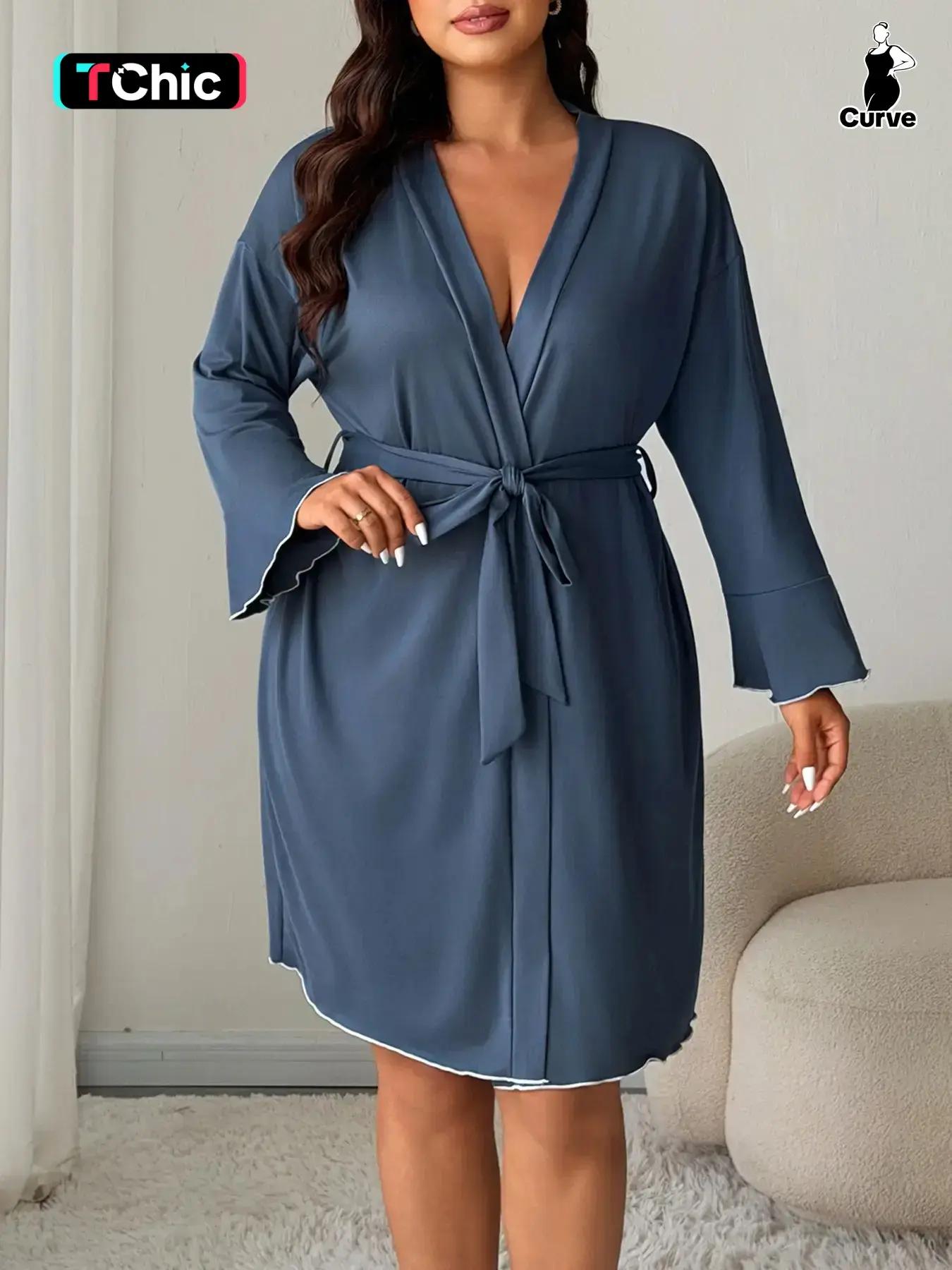 Women's Soft Colorblock Long Sleeve V-Neck Kimono Sleeprobe, Comfortable Home Pajamas, Casual Floral Pattern, Spring & Fall, Loungewear Nightwear, Sleepwear Gowns, Gowns, Bathrobe V Neck