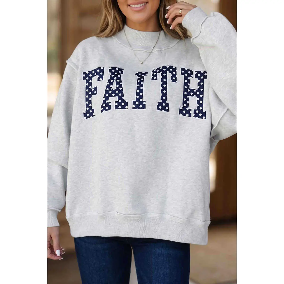 Women's Light Grey Mock Neck Polka Dot Casual Cotton Long Sleeve Bold Front Print Baggy Pullover Sweatshirt