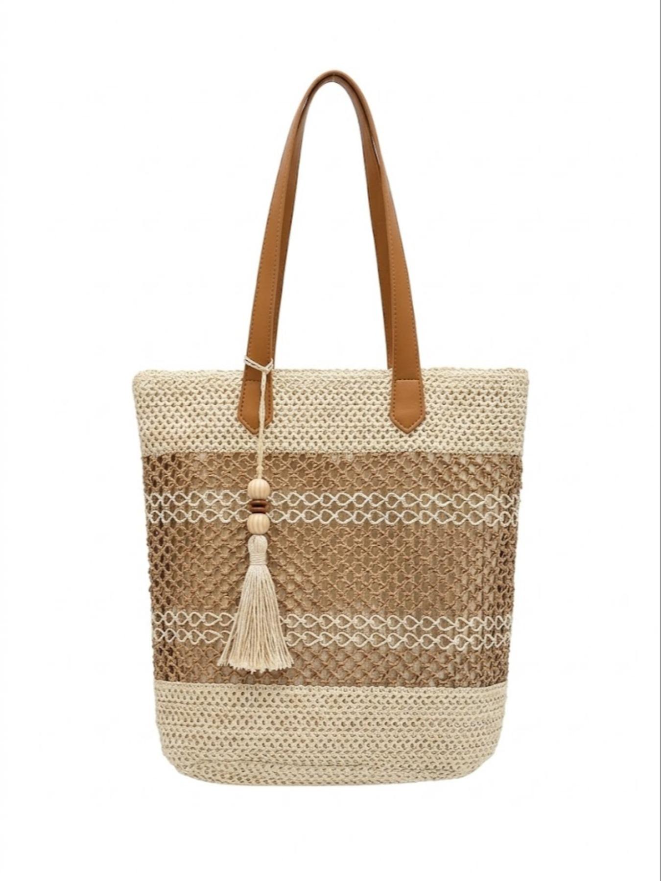 Vintage Tassel Woven Tote Bag 2026 | Boho Chic Hollow Out Straw Shoulder Bag | Large Capacity Crochet Beach Vacation Purse | Minimalist Aesthetic Summer Handbag for Women