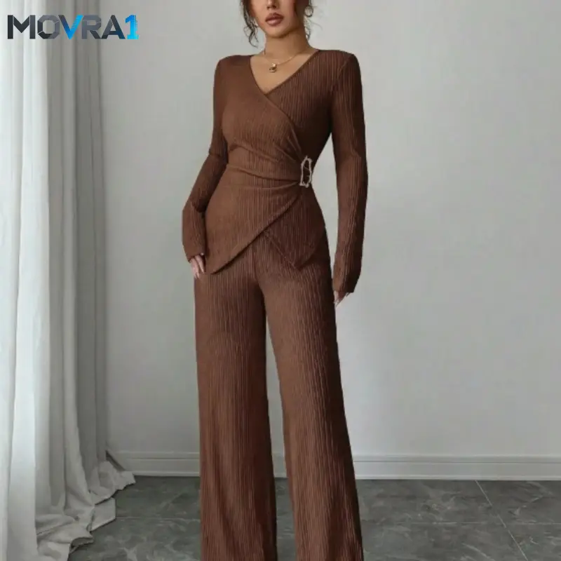 MOVRA1 Elegant Two-Piece Set, V-Neck Long Sleeve T-Shirt with Metal, Wide Leg Elastic Waist Pants, Fall Winter Office Wear