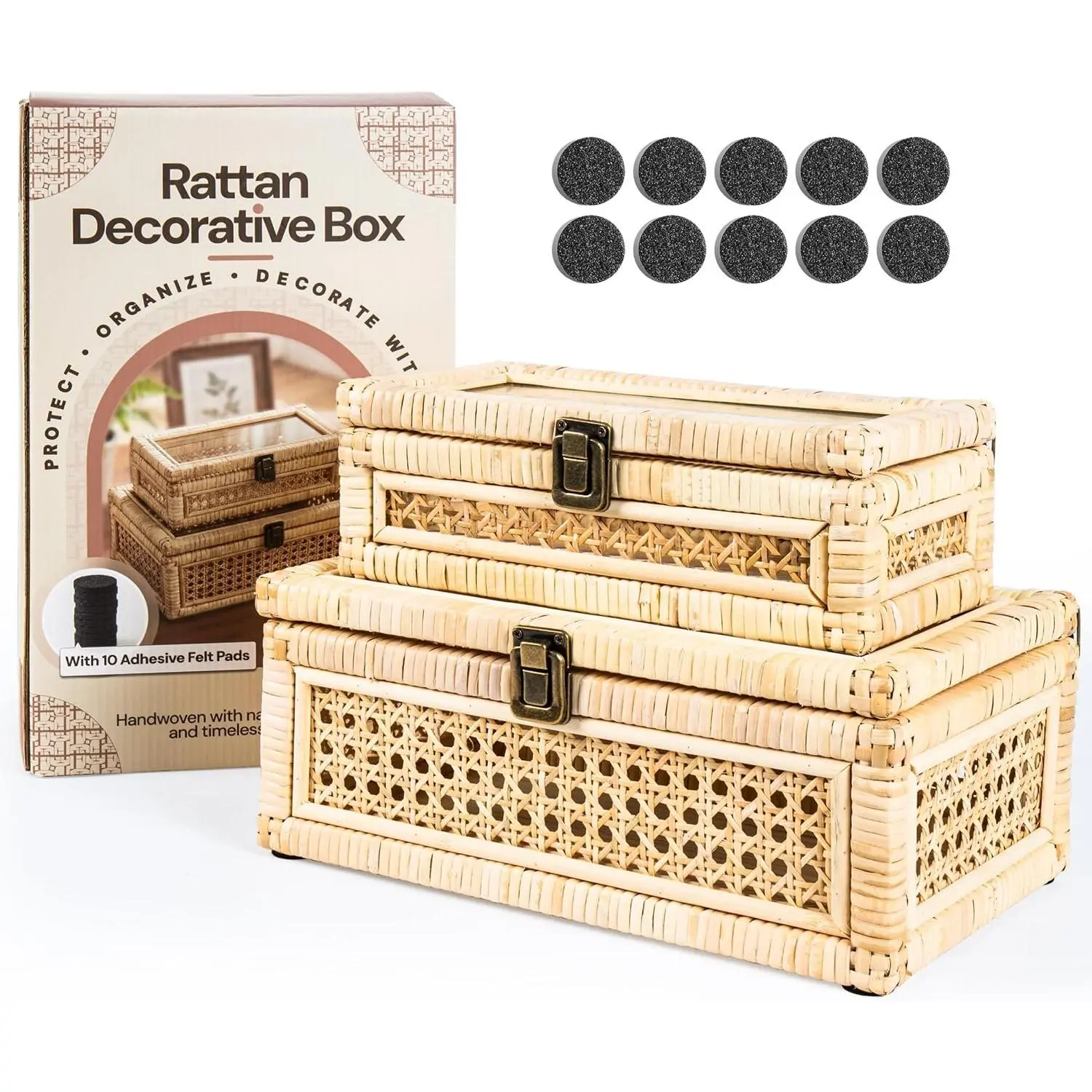 Rattan Decorative Box with Lid & Secure Lock | Decorative Box with  for  Decor | Rattan Display Box | Boho Storage Box | Wicker Basket Organizer | Includes 10x Non-Scratch Felt Pads