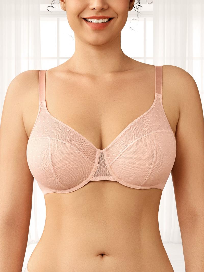 Women's Polka Dot Lace Underwire Full Cup Bra, Comfortable Breathable Mesh Cups, Medium Support, Fitted Design, All Seasons
