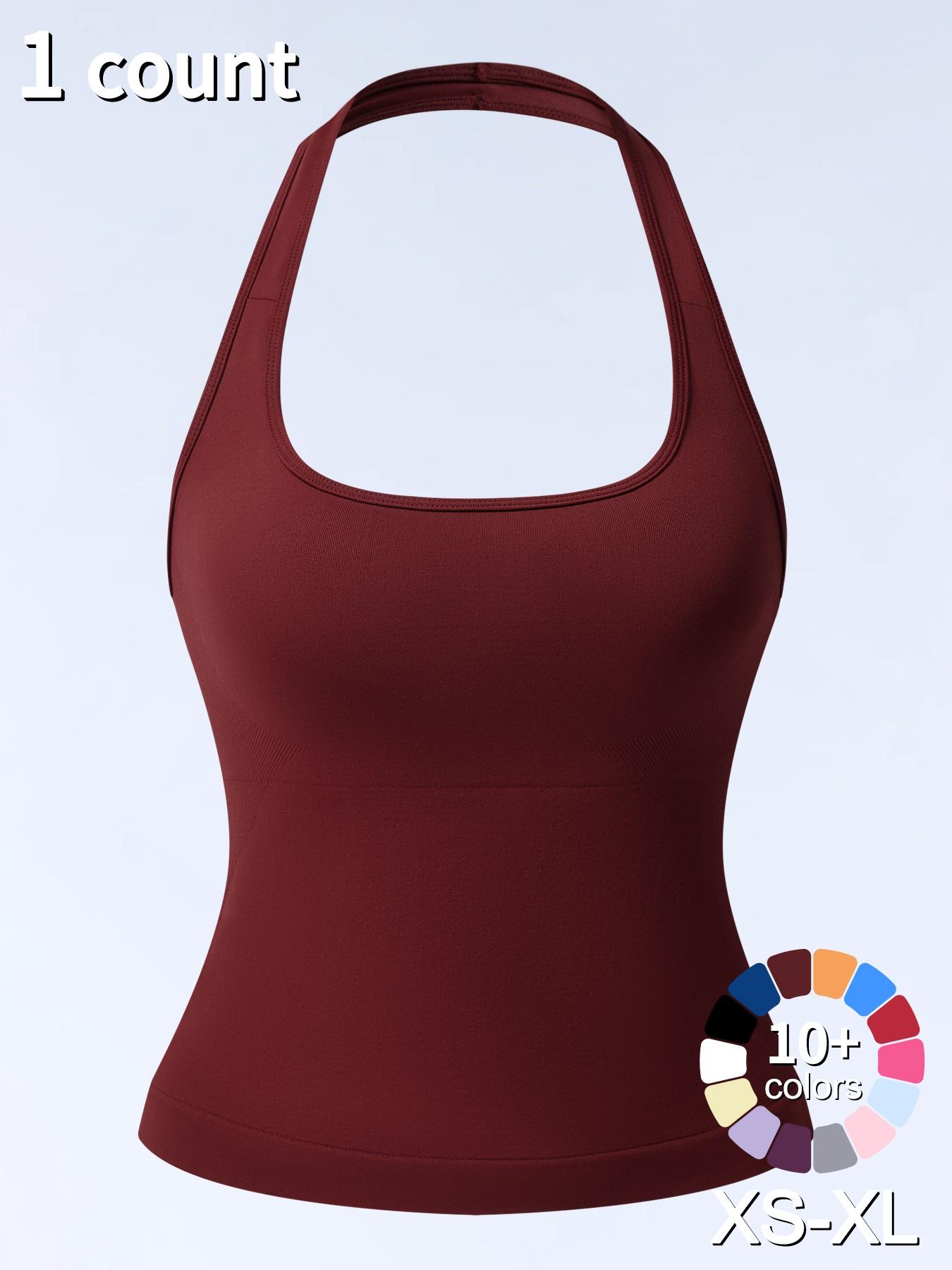 1/2/3/4 Pcs Women's Sleeveless Yoga Halter Neck Tank Top with Removable Pads, Three-Layer Seamless Backless Tank Tops Casual Solid Color Soft All Seasons Wear