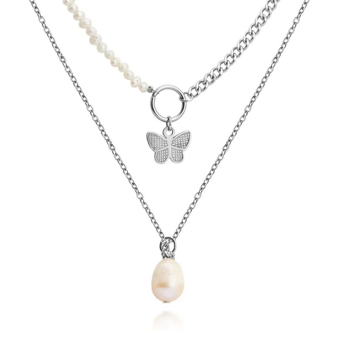 Double Pearl Butterfly Necklace for Women, Layered Butterfly Pendant Necklace, Elegant Silver Tone Jewelry, Y2K Aesthetic Clavicle Necklace for Daily Wear & Gift
