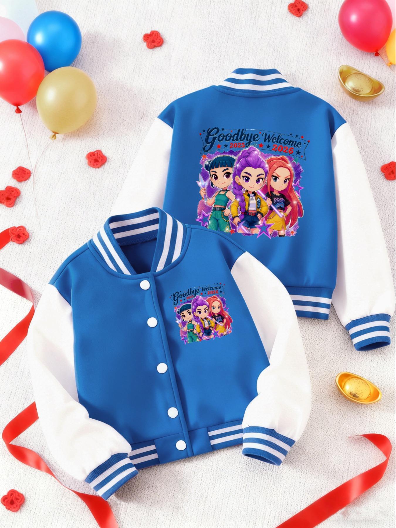 KPOP – The Huntress Girl Group  Girls' Short Baseball Coat, Cartoon Pattern Design, Elastic Fabric, Casual Sports School Uniform, Fall & Winter Outerwear, Casual Cute Outerwear