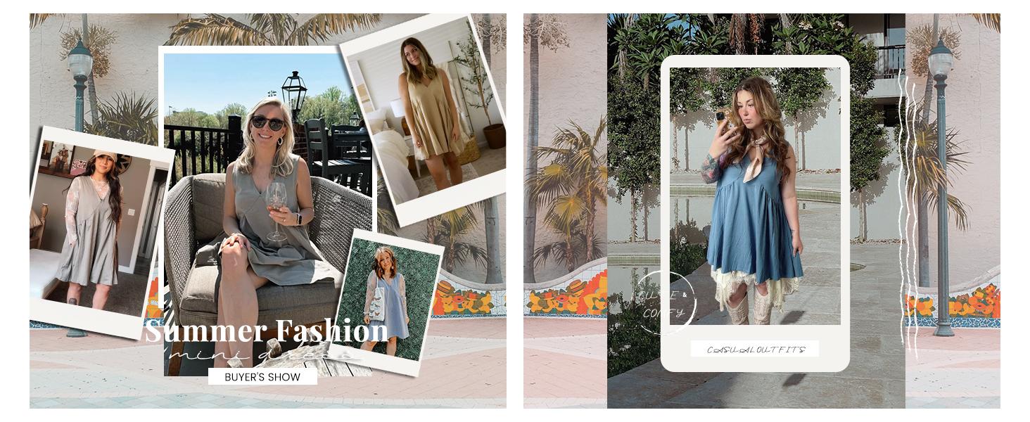 SCUSTY Women's V-Neck Tank Sundress Summer Sleeveless A-Line Mini Dress Casual Loose Dresses with Pockets