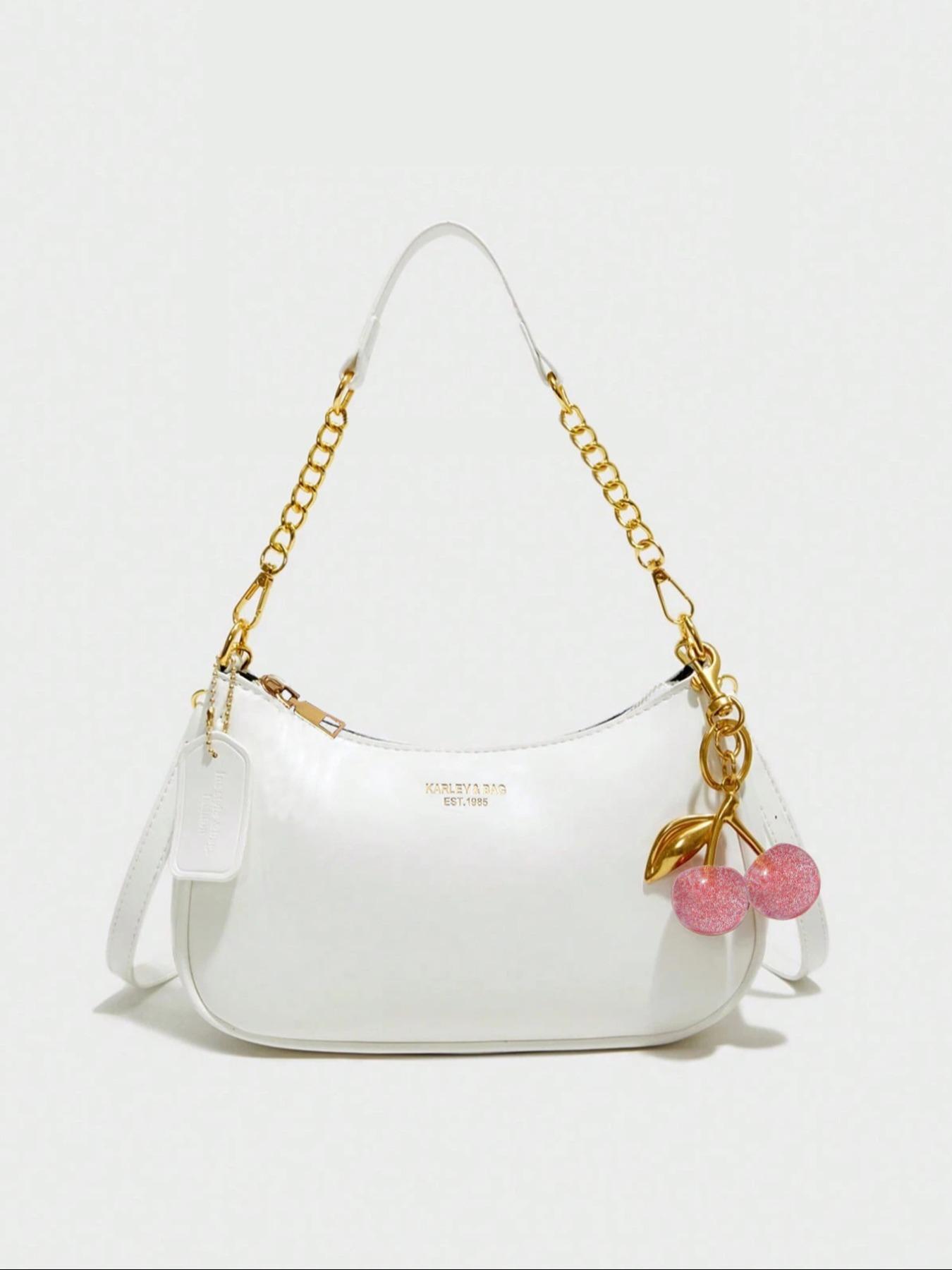 Autumn Winter Vintage Fashion Elegant Letter Pattern Shoulder Bag, Crescent Moon Crossbody Bag with Chain Strap, Cherry Pendant Decor, Handbag Shoulder Bag