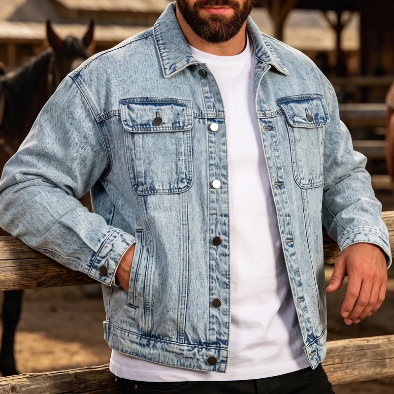 Men's Vintage Washed Trucker Jacket Long Sleeve Button Front Oversized Casual Streetwear Coat with Flap Chest Pockets Relaxed Fit for Men Daily Wear Travel Weekend Work School Retro Urban Fashion Light Blue Black Spring Fall Outerwear Modern Fit