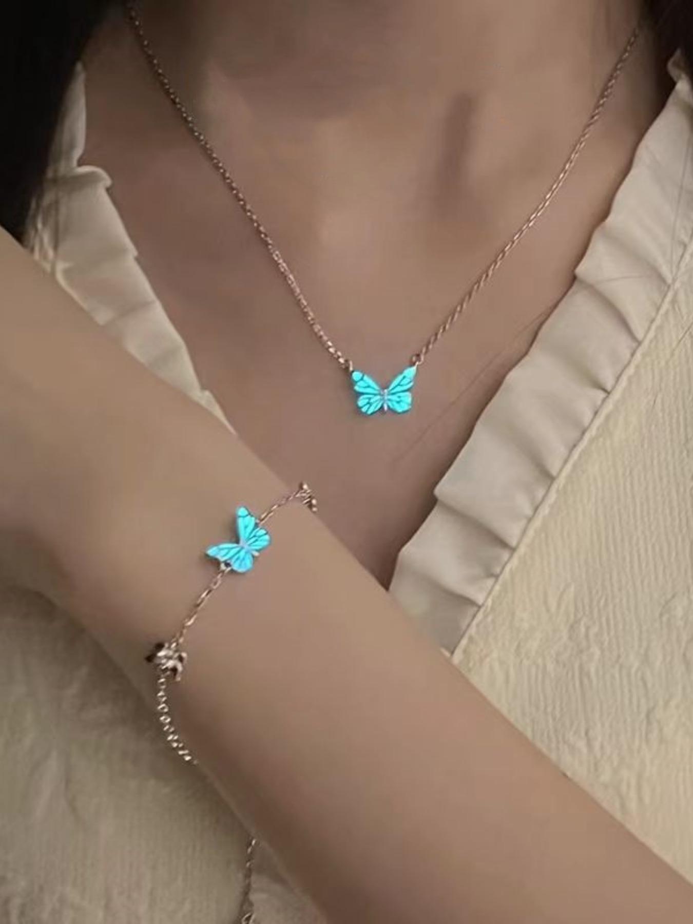 Glow-In-The-Dark Butterfly Bracelet Necklace Set for Women, Unique Design Fashion Accessory, Layered Stackable Jewelry for Students & Friends