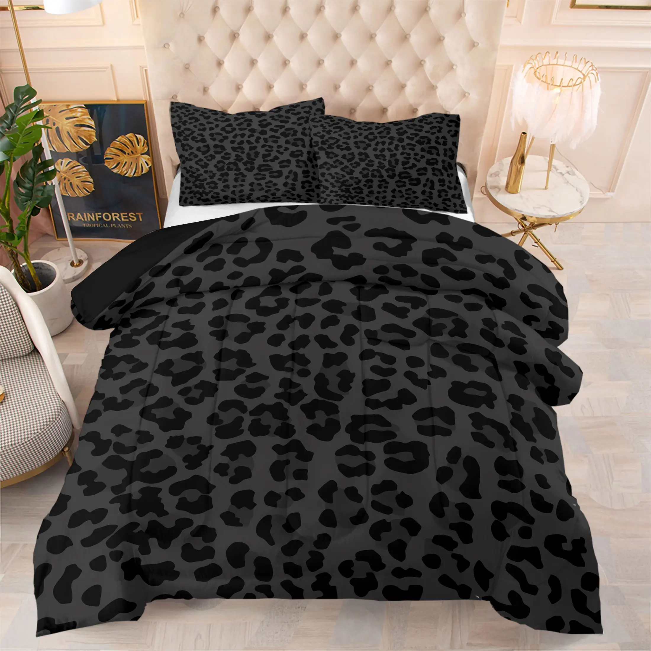 3pcs Solid Dark Grey Black Leopard Print Comforter Set, 1 Comforter + 2 Coreless Pillowcases, Soft Comfy Durable Breathable Washable All‑Season Bedding Set, Minimalist Trendy Animal Spot Art Print, Bedroom Decor for Teens & Adults, Patterned Bedding Set