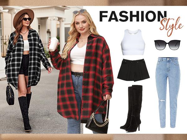 IN'VOLAND Womens Plus Size Plaid Shirt Long Sleeve Button Down Blouses Tops Shacket Jackets Coats with Pockets Chic Fashion Lightweight#US 2025 Deals for You Days Size runs small thin