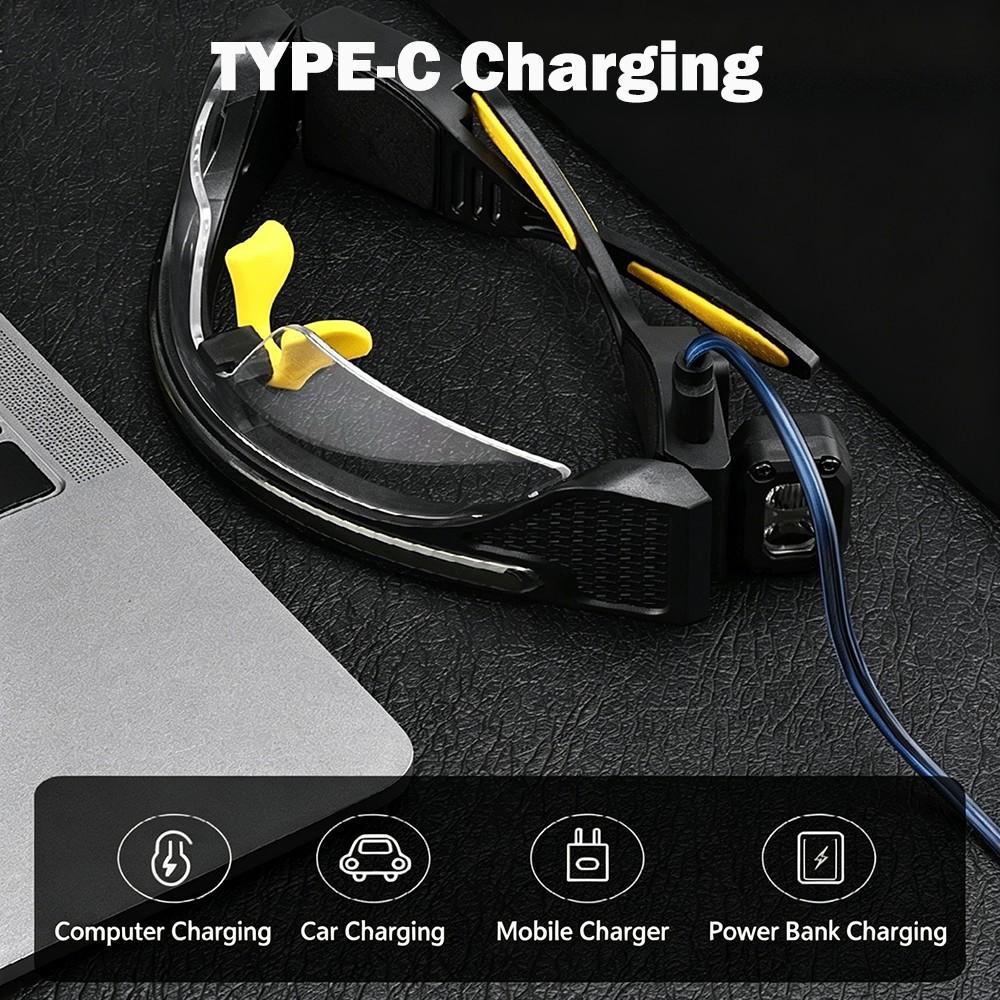 1PC LED Rechargeable Headlight Glasses With 3 color lenses– Motion Sensor & Touch Control 8 Modes, USB-C Light Up Eyewear Waterproof for Running Camping Fishing Cycling Hiking Outdoor Sports Glasses
