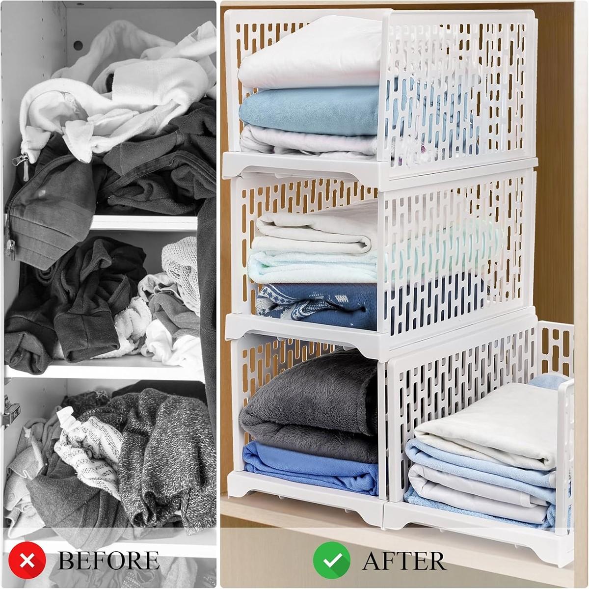Stackable Plastic Storage Baskets, Foldable Closet Organizer Boxes, Wardrobe Container & Drawer Rack, Suitable for Cabinets, Bedroom, Dormitory, Bathroom, Kitchen, Office, Stackable Design
