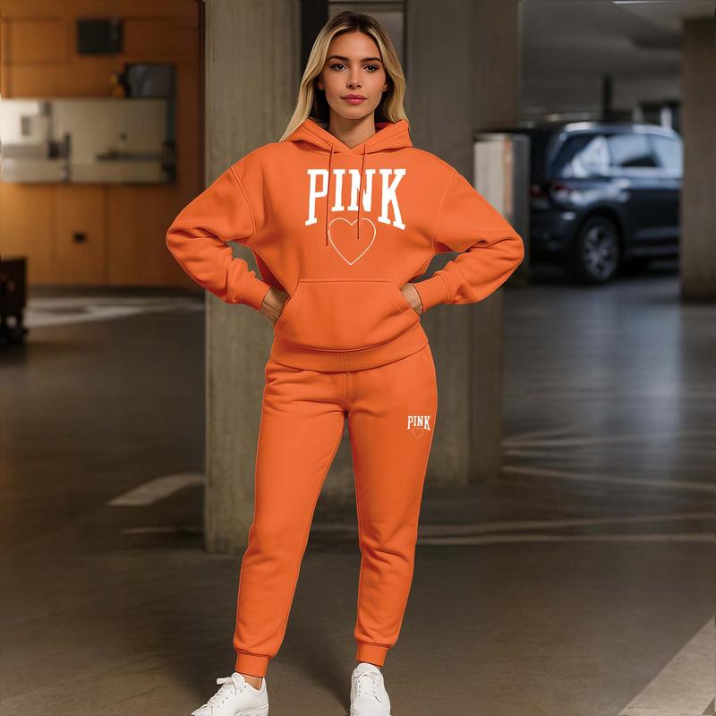 Women's Pink Heart Print  Hoodie And Drawstring Track Pants Set, Casual Sportswear, Long-Sleeved Hooded Jacket And Pants, Suitable For Autumn And Winter, Everyday Wear, Indoor And Outdoor Sportswear, Casual Sportswear.