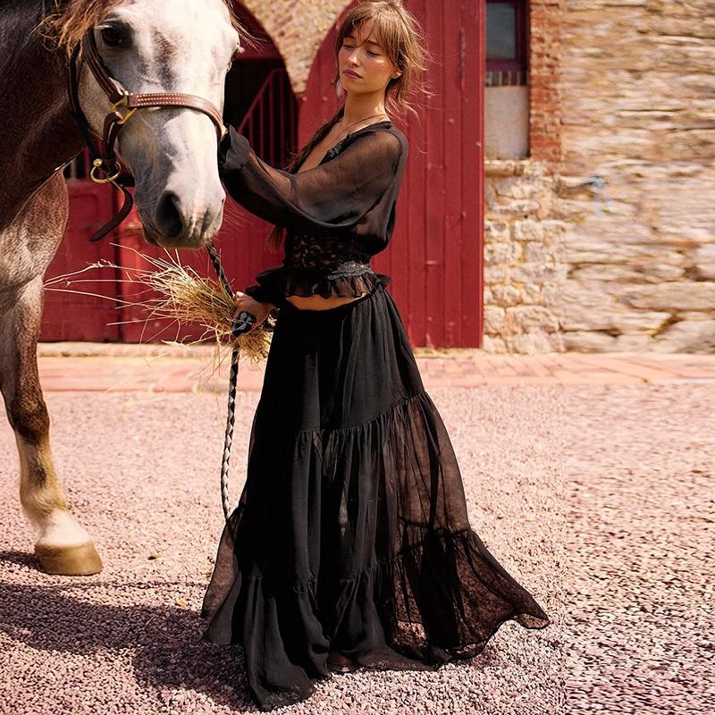 Women Spring Autumn Long Sleeve V Neck Tops Long Skirt Beach Vacation Chiffon Two Piece Set Outfit