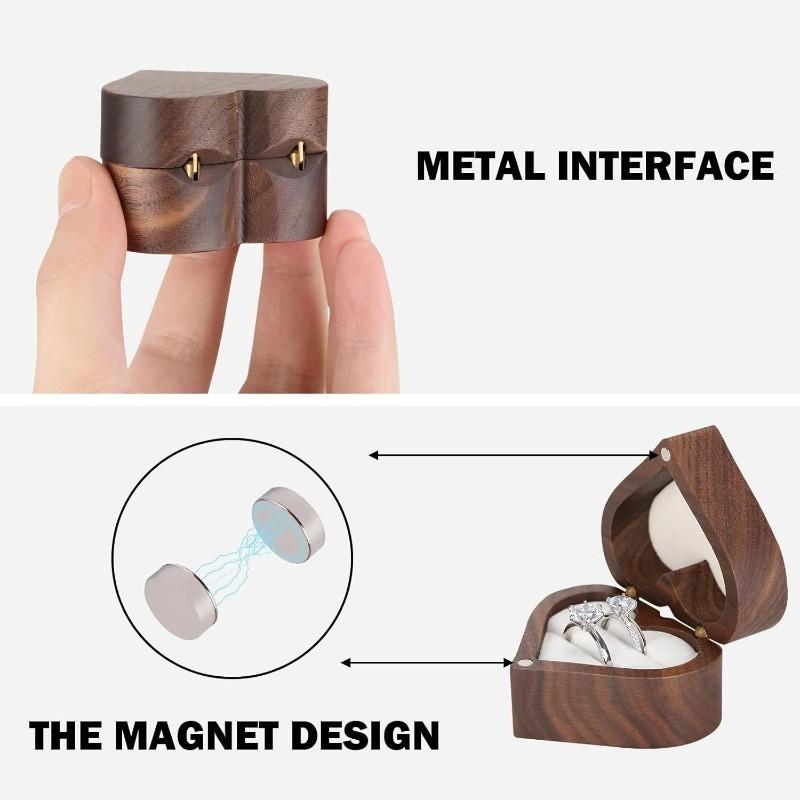 Wooden Heart Shape Ring Gift Box, Personalized Vintage Wood Jewelry Box, 2 Slot, for Proposal, Engagement, Wedding, Anniversary