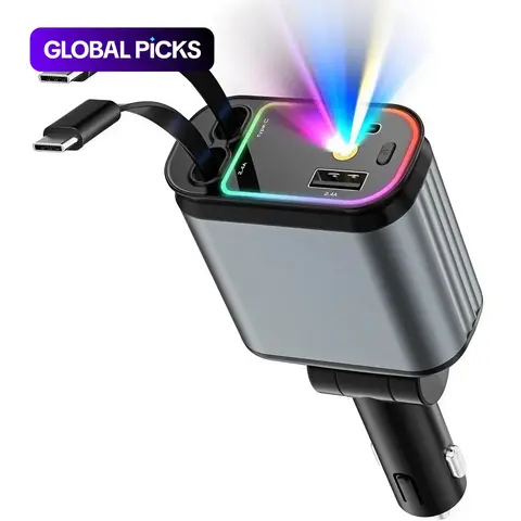 4 in 1 Car Charger, 66W Max Fast Charging Adapter with Dual Retractable Type C Cable, Car Charger Compatible with Samsung Galaxy S23/S22, Google, Car Phone Charger, Retractable Car Charger Usb C #GLOBAL PICKS