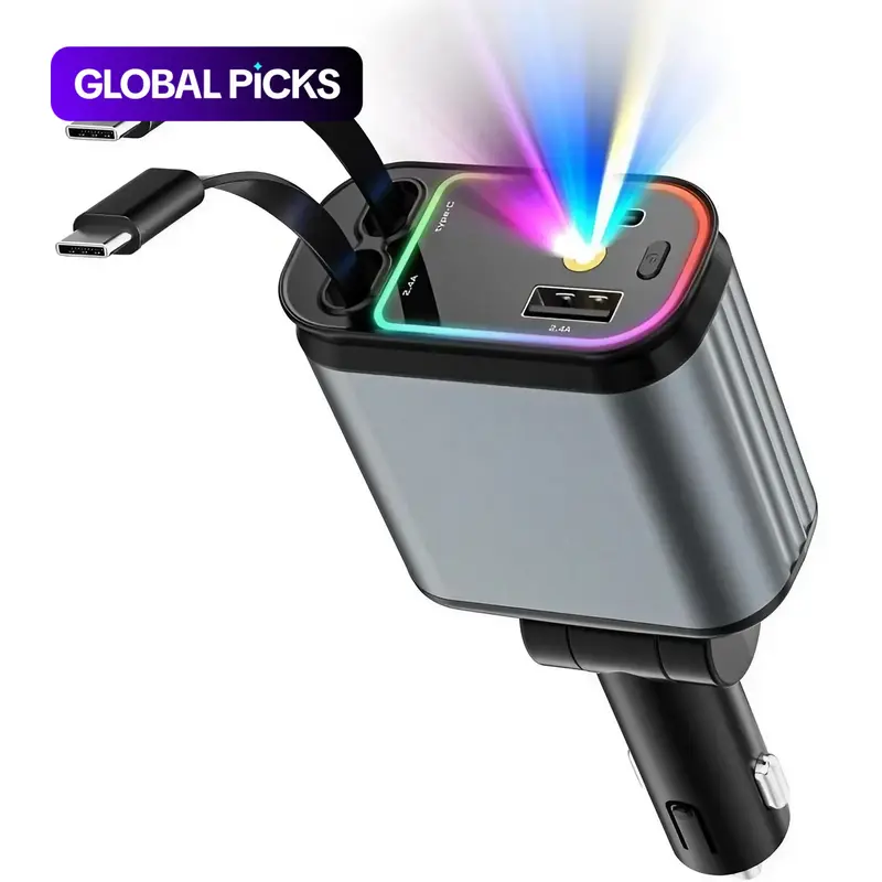 4 in 1 Car Charger, 66W Max Fast Charging Adapter with Dual Retractable Type C Cable, Car Charger Compatible with Samsung Galaxy S23/S22, Google, Car Phone Charger, Retractable Car Charger Usb C #GLOBAL PICKS