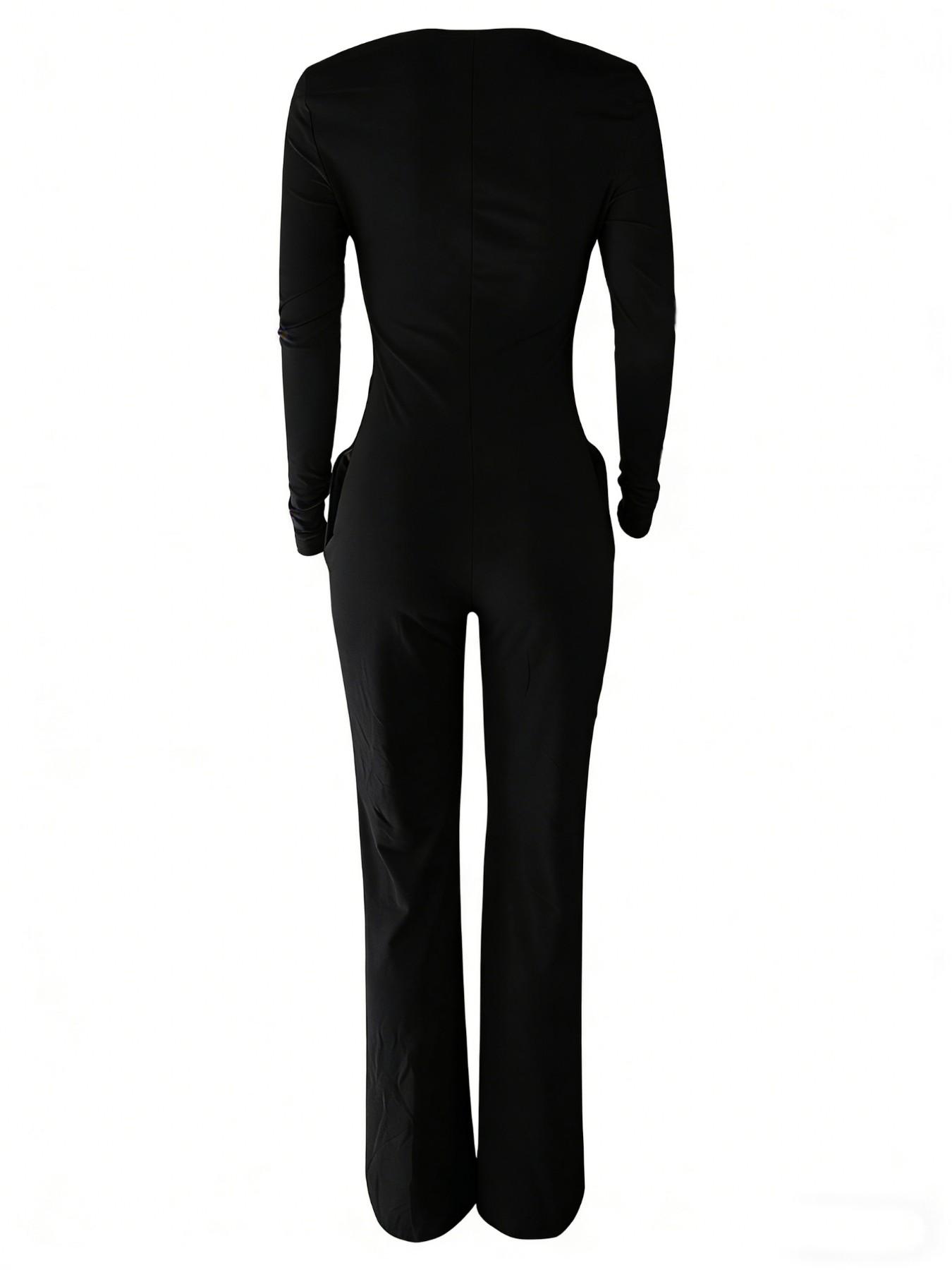 Women's Sexy Fitted Plain Long Sleeve Jumpsuit, Fall & Winter Fashion, Low Neck Pocket Design, European Style, Casual Wear