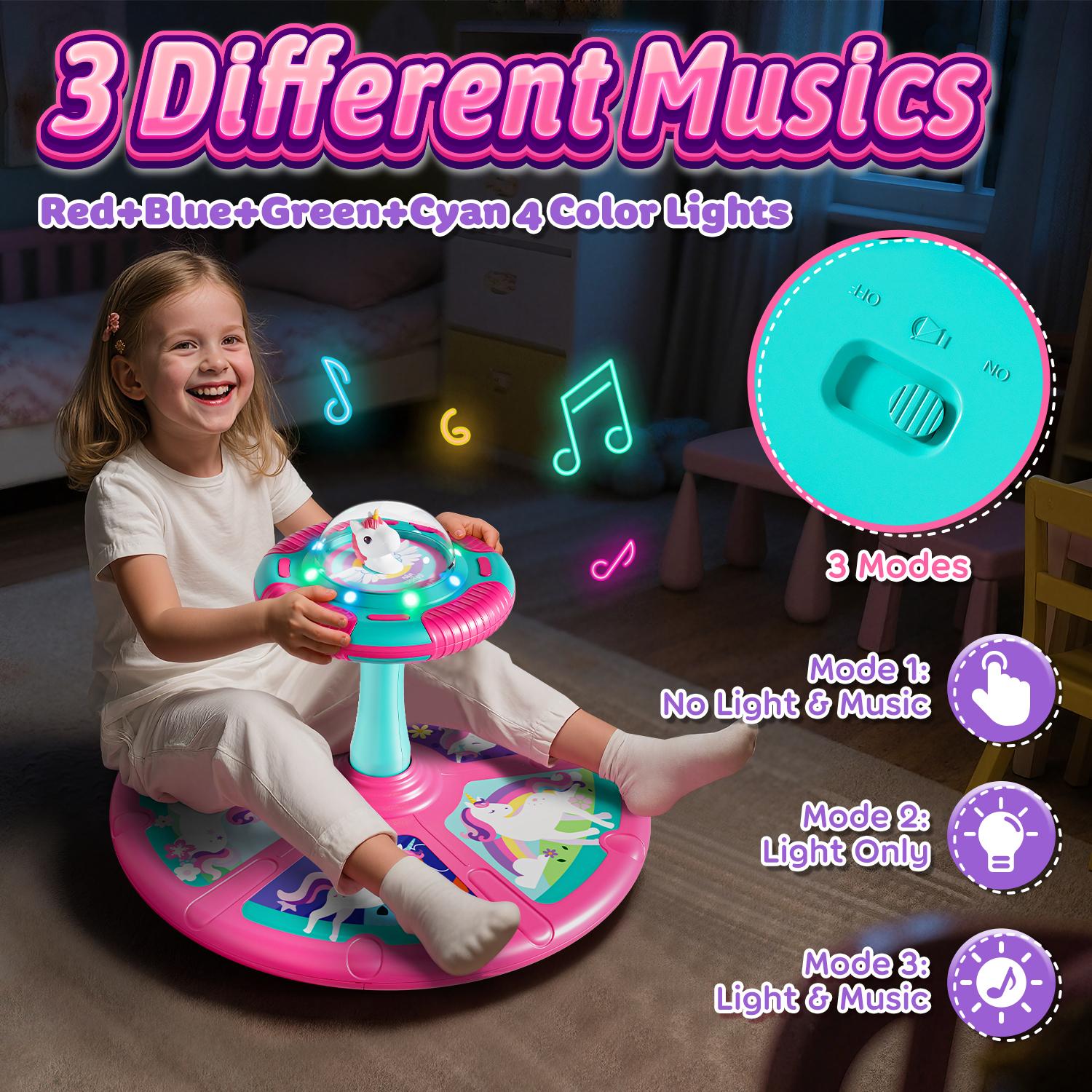 Lehoo Castle Unicorn Sit and Spin Toys, Children's Stress Reduction Toys, Sitting Spinning, Birthday Gift for Kids with LED Lights and Music, 360° Spin