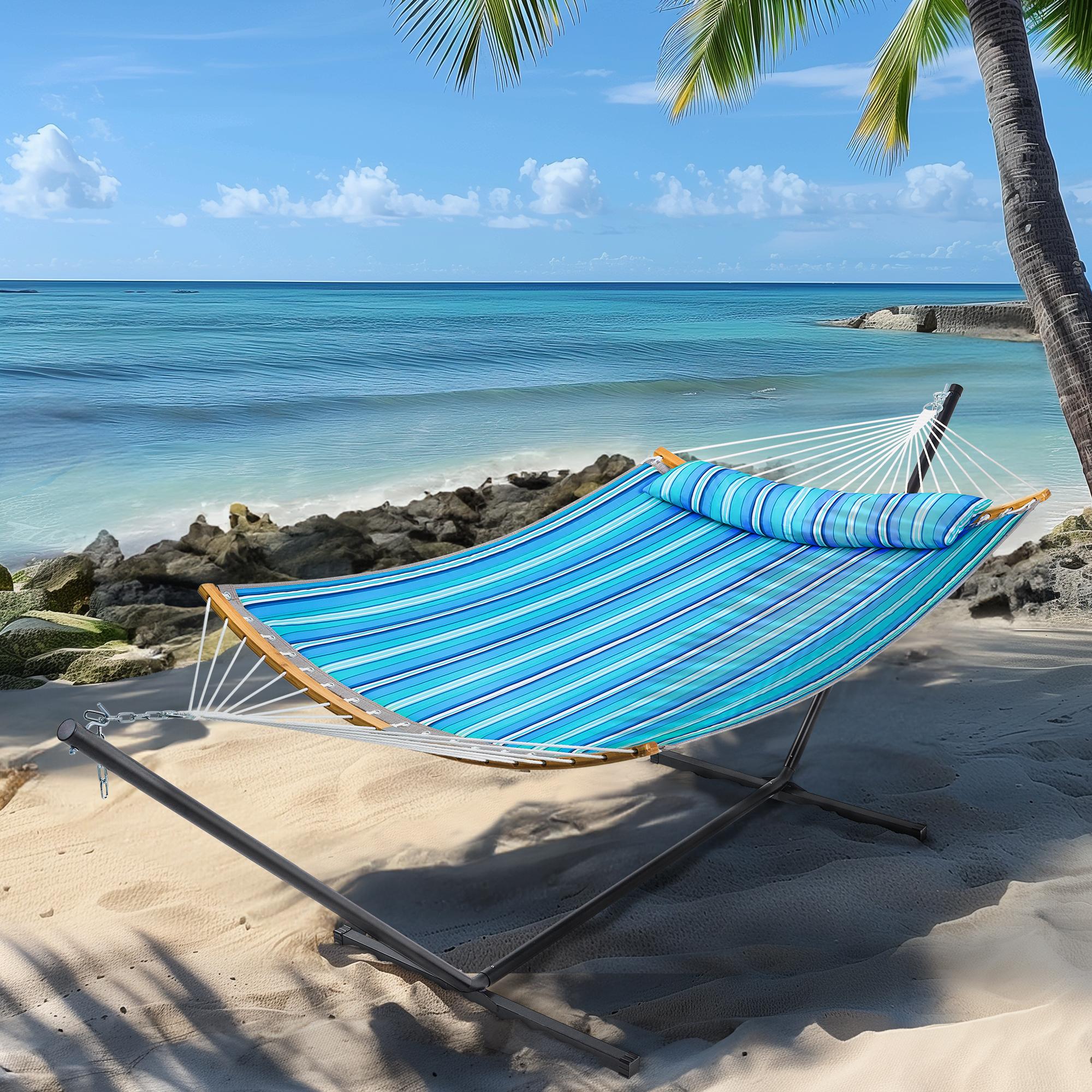 SUPERJARE Hammock with Stand, 2 Person Heavy Duty Hammock with Padded Cotton, Detachable Pillow & Strong Curved-Bar & Portable Carrying Bag, Perfect for Outdoor & Indoor