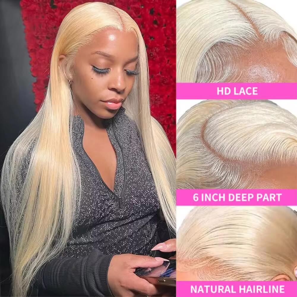 Tahikie 30 Inch 613 Blonde Human Hair Lace Front Wig 13x6 HD Transparent Swiss Lace Pre-Plucked Natural Hairline Straight 200% Density Medium Size
