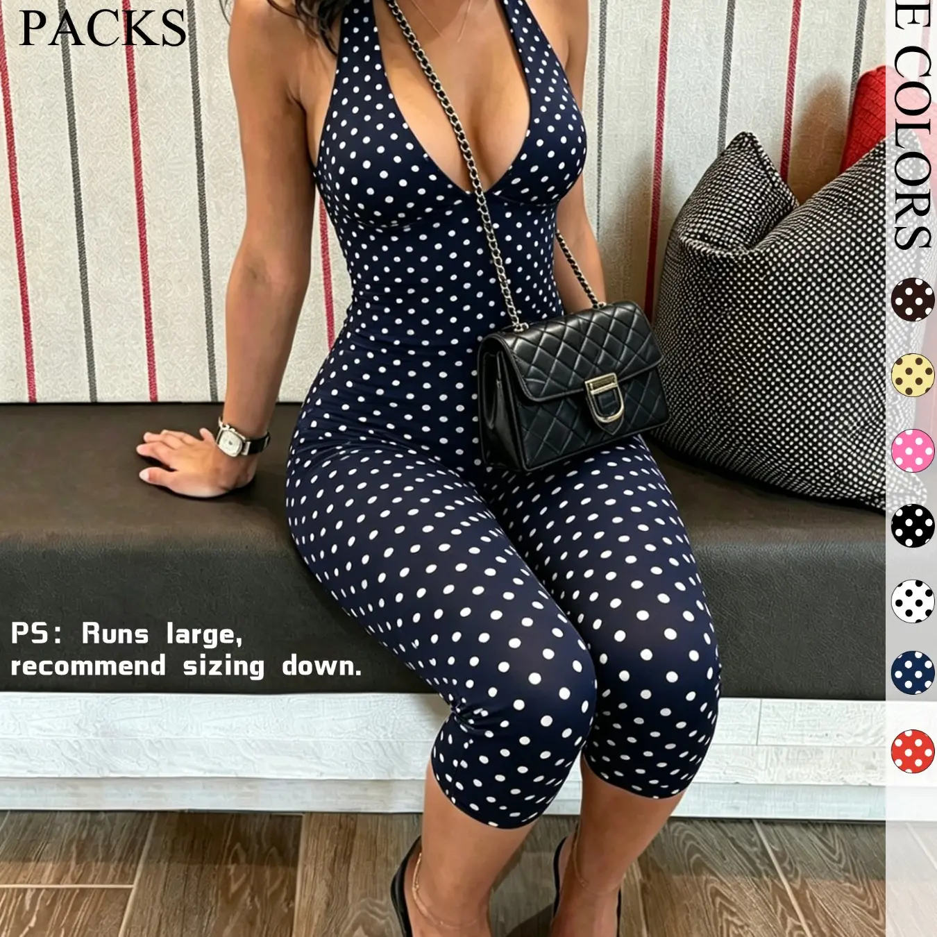 2-Pack Women's Polka Dot Halter Neck Top & Capri Pants Set, Slim Fit Casual Everyday Set Summer Outfits, Trendy Boho Chic Bohemian Streetwear for Daily Wear & Vacation