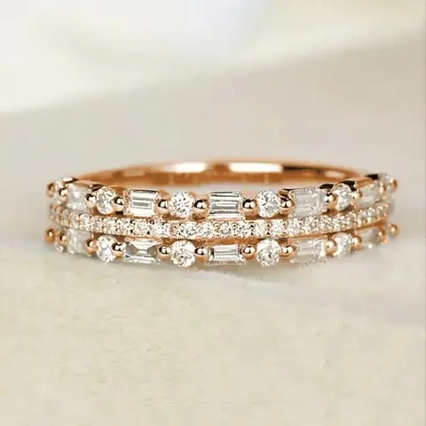 Women's Chic 3-Row Cubic Zirconia Stackable Ring - Dainty Costume Jewelry, Non-Traditional Matching Gift for Couples, Ring Stack