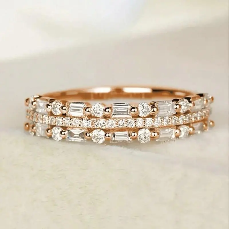 Women's Chic 3-Row Cubic Zirconia Stackable Ring - Dainty Costume Jewelry, Non-Traditional Matching Gift for Couples, Ring Stack