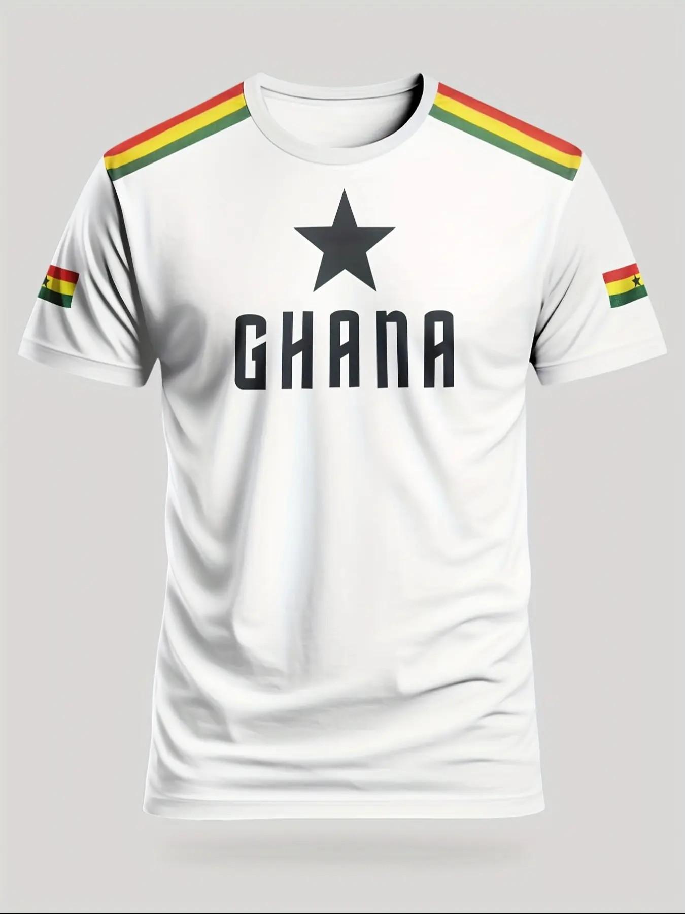 Men's Ghana Stars Football T-Shirt, Ghana National Team Street Style Round Neck Short Sleeve Top, Sporty Loose-Fit Geometric Pattern