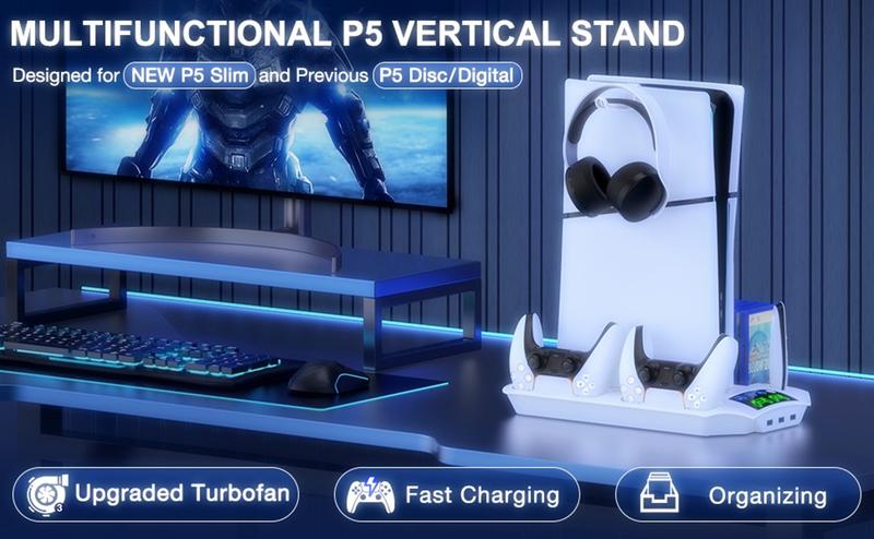 PS5 Stand for PS5 Slim Disc Digital, PS5 Cooling Station and Controller Charging Station for Playstation 5 Accessories with 3 Levels Cooling Fan, 3 USB Hub, Headset Holder, 13 Game Slots, Media Slot