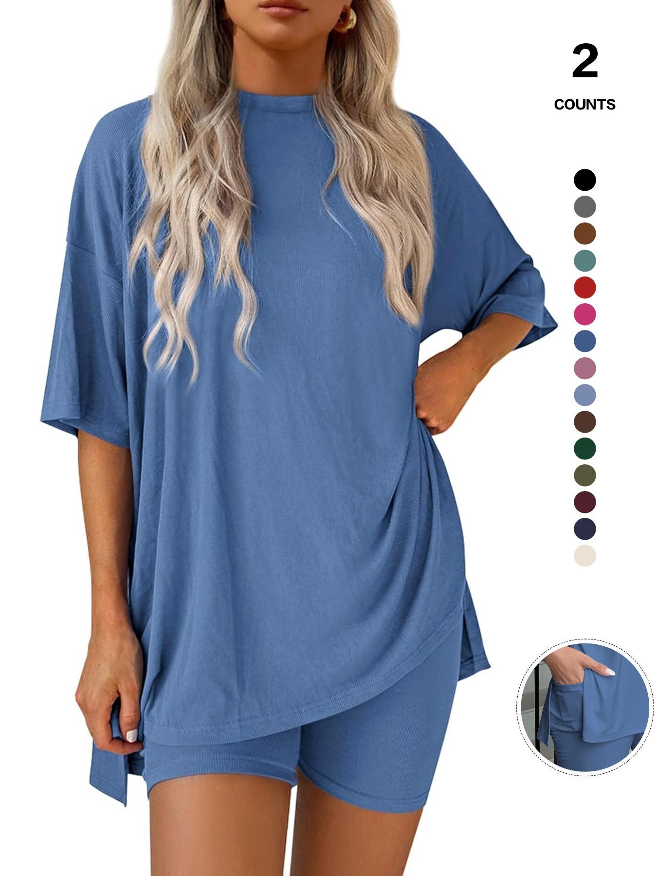 Cozy Mama Lounge Set, Women's 2-Piece, Crew Neck Oversized T-Shirts, Comfortable Home Wear, Perfect for Relaxing at Home