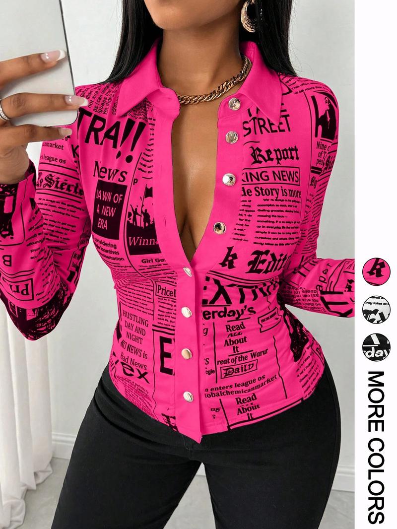 Women's Long Sleeve Casual Shirt with Letter Print, Single Button Front Design, Perfect for Daily Wear & Outdoor Activities, Womenswear