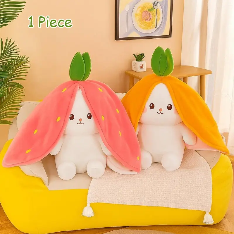 🍓 Interactive Hide And Seek Toy｜Transformable Zipper Rabbit Pouch｜Reversible Strawberry Bunny Plush