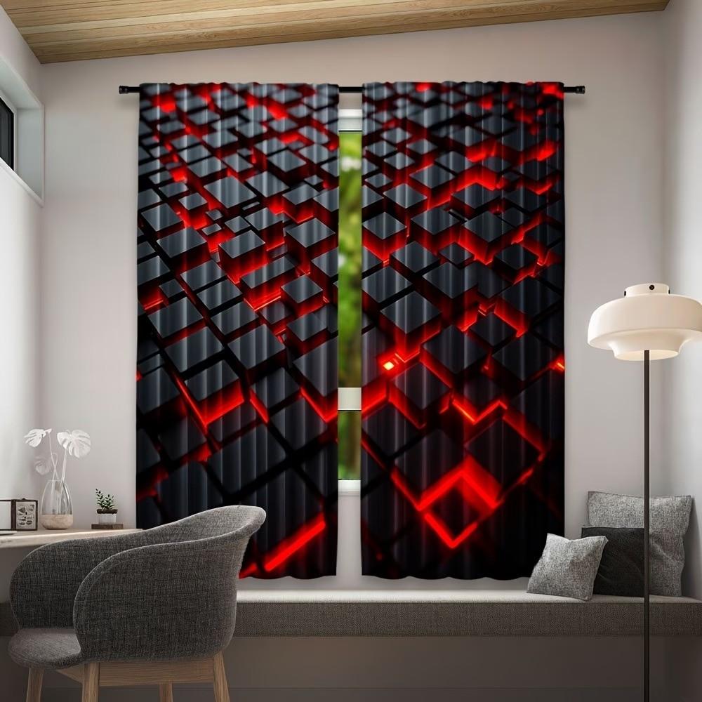 Modern Geometric Cube Pattern Half-Blackout Curtains, Light Filtering, & Polyester, Bedroom Living Room Office, Easy Rod Pocket Design