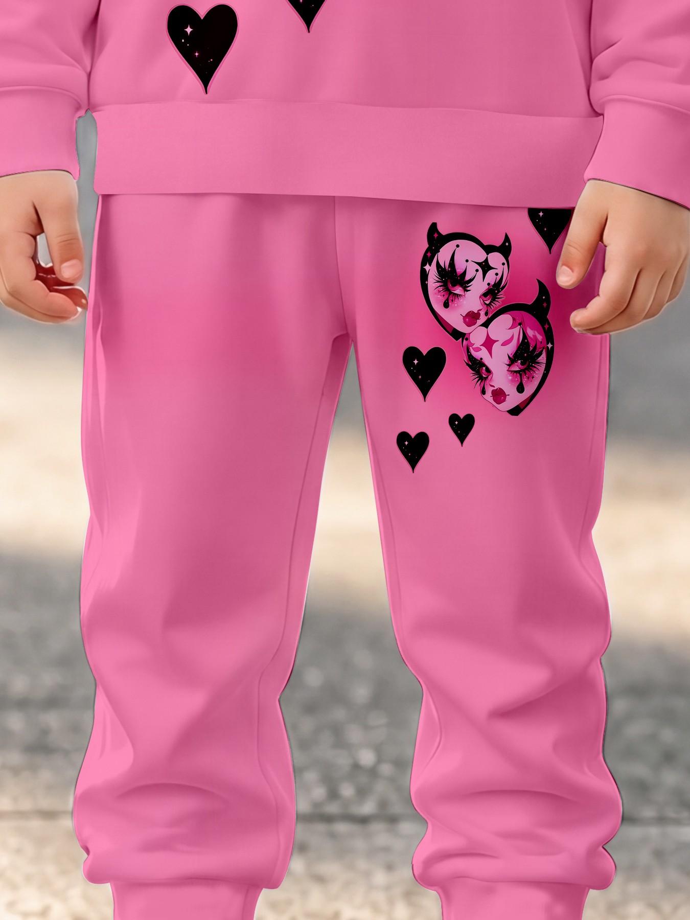 Girls' Sweet Cool Hoodie Set, Heart Devil Cartoon Print, Loose-Fitting Long Sleeve Sweatpants, Trendy Kids Fashion