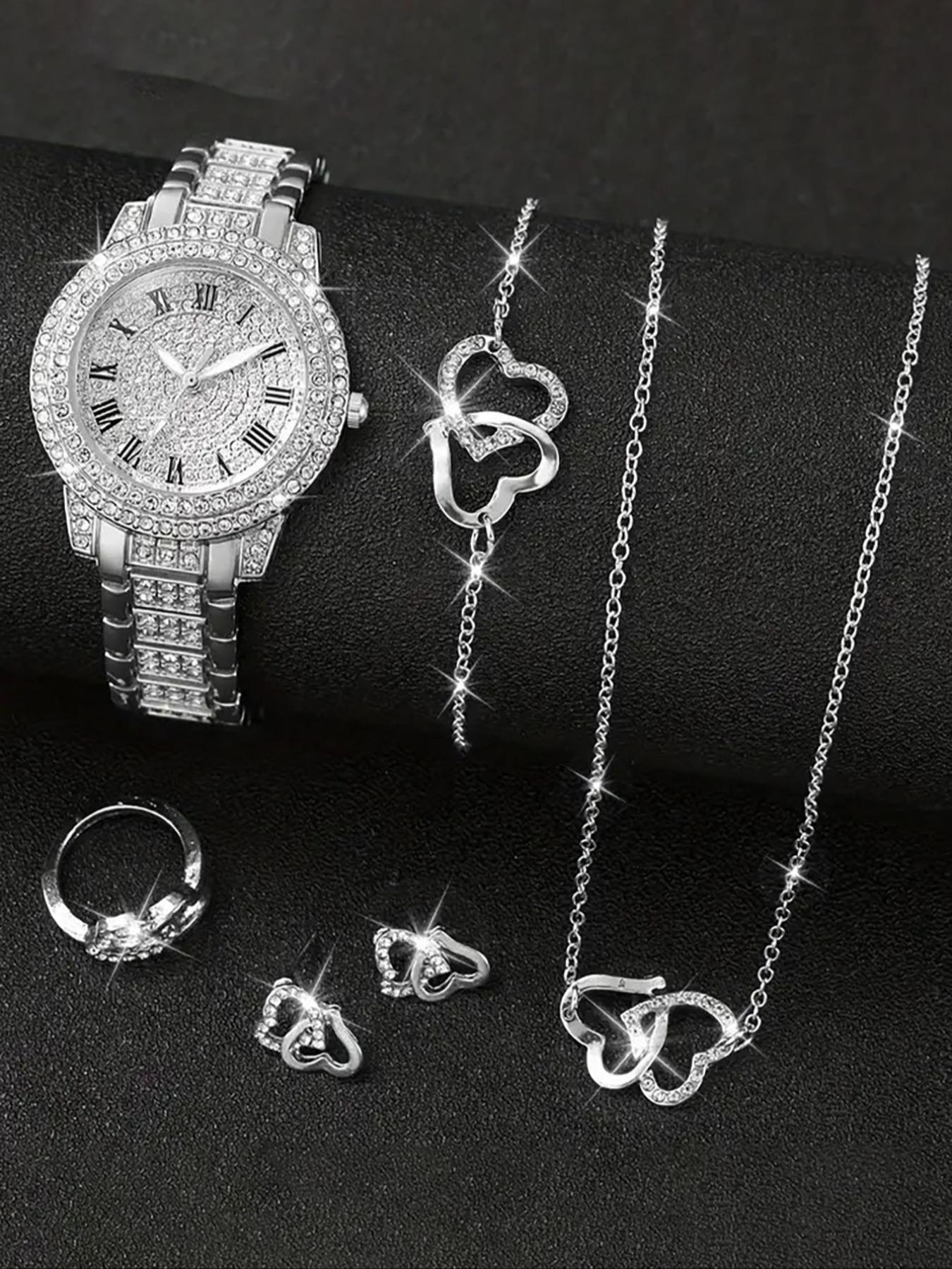 Women's Elegant Fashion Watch & Jewelry Set, Round Dial Analog Quartz Watch & Bracelet & Necklace & Ring & Earrings, Exquisite Watch Set with Box, Fashionable Jewelry Set