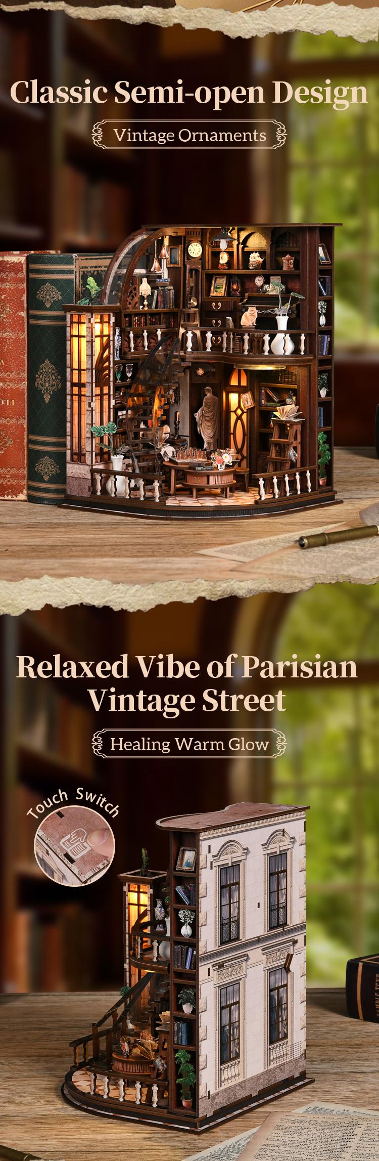 【Bacchus Bookstore】Wooden Book Nook DIY Model Kit for Adults Vintage Abstract Renaissance Style Hand-Assembled Booklet Toy House 3D Puzzle Wooden Shelf Decoration,Miniature Dollhouse Kit Victorian Style Wooden Dollhouse Birthday Gift