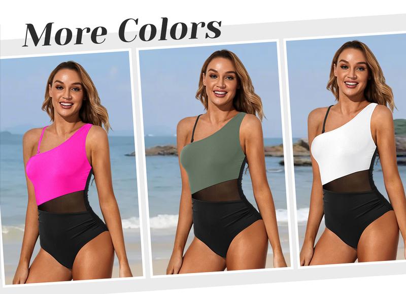 Yonique Women One Piece One Shoulder Swimsuit Tummy Control Bathing Suit Mesh Swimwear