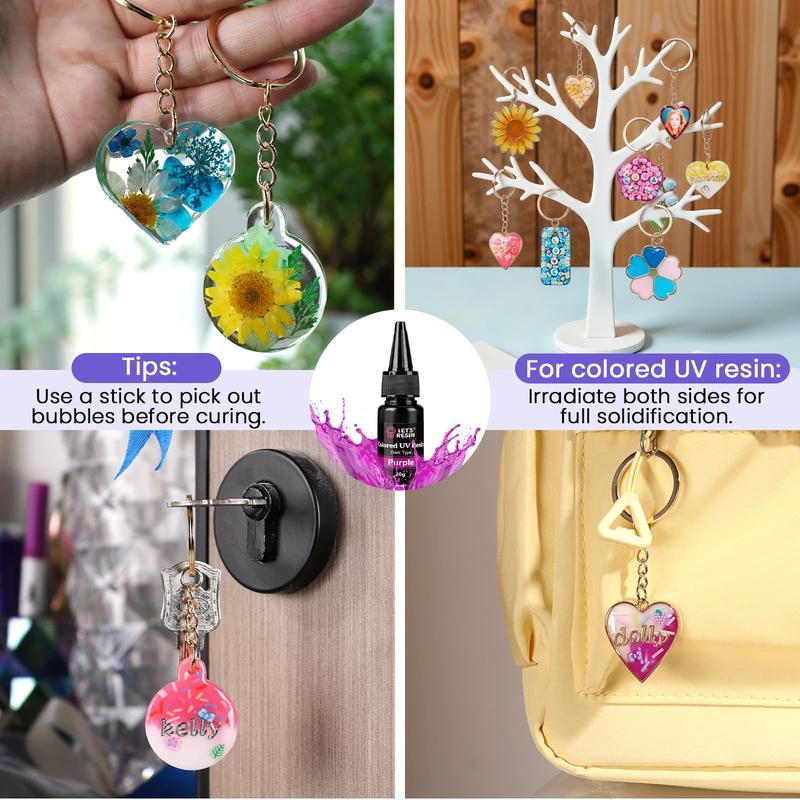 All-Inclusive Keychain Making Kit, 12-Color UV Resin with Keychain Molds Silicone, Christmas Gifts,UV Light, 6 Styles Flower and Heart Open Bezels for Resin, Jewelry Making Kit for Beginners, Craft Decor - LET'S RESIN