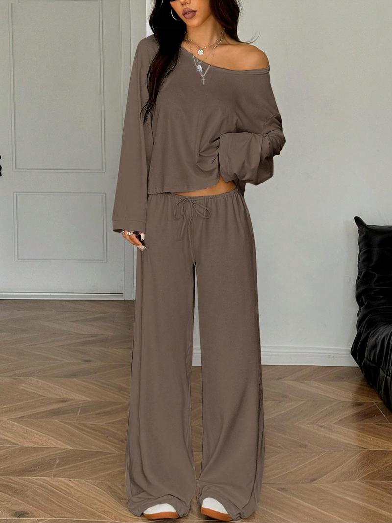 Women's 2 Piece Matching Lounge Set, off the Shoulder Long Sleeve Top, Drawstring Wide Leg Pants, Casual Sweatsuit, All Seasons