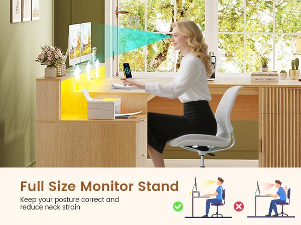 SEDETA 66 Inch Modern L Shaped Desk with Drawers Fluted Home Office Desk with File Cabinet and Printer Shelf Wood Executive Desk with Monitor Stand Power Outlets Led Lights