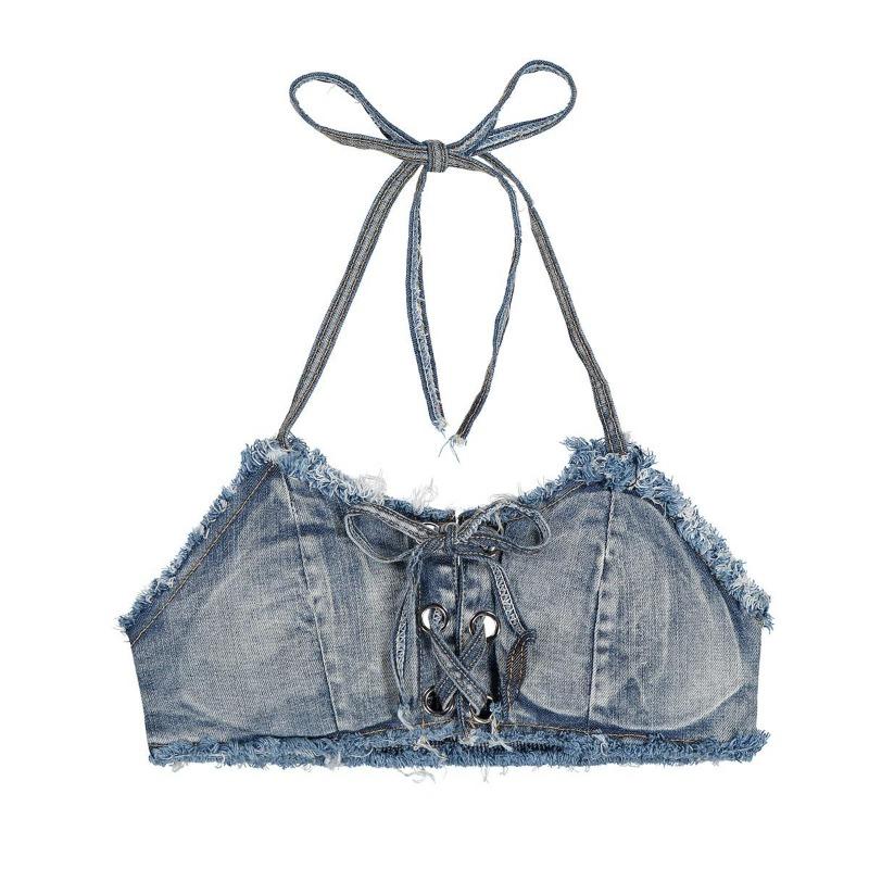 Women's 2-Piece Denim Bikini Swimsuit Set - Distressed Fringed Top, Denim Hot Pants, Beach Wear for Beach Outings, Bar Performances