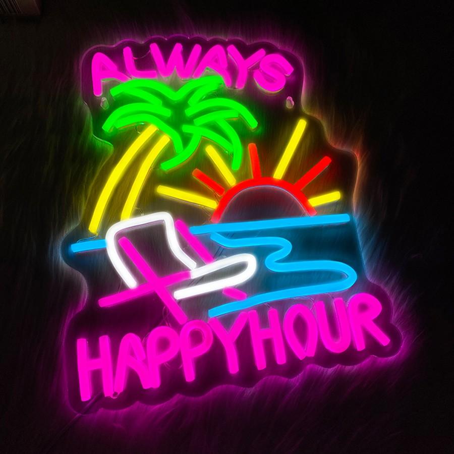 Always Happy Hour Neon Sign, Beach Neon Signs for Wall Decor, Palm Tree Led Light Up Signs for Bedroom Bar Club Pub Man Cave Restaurant Party Decorations