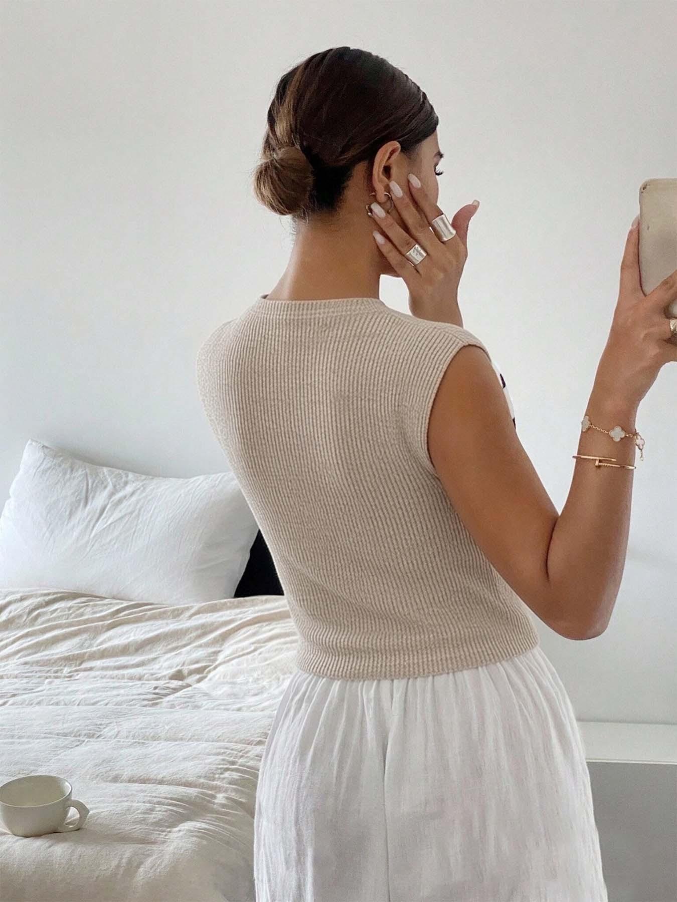 Ribbed knit vest for women, sleeveless V-neck button up crop top, soft and breathable casual knit vest, Y2K aesthetic summer set, multifunctional layered item for daily/office/dating, minimalist chic knitted fabric