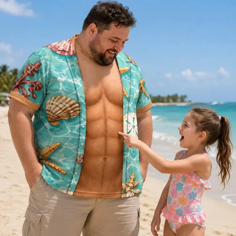 Custom Fake Muscle Hawaiian Shirt, Personalized Men Summer Vacation Tee, Funny Bachelor Party Gift for Him, Summer Vacation Gift for husband - Multiple styles available # Funny Shirt # Summer Party # Summer Outfit # Ugly Shirt
