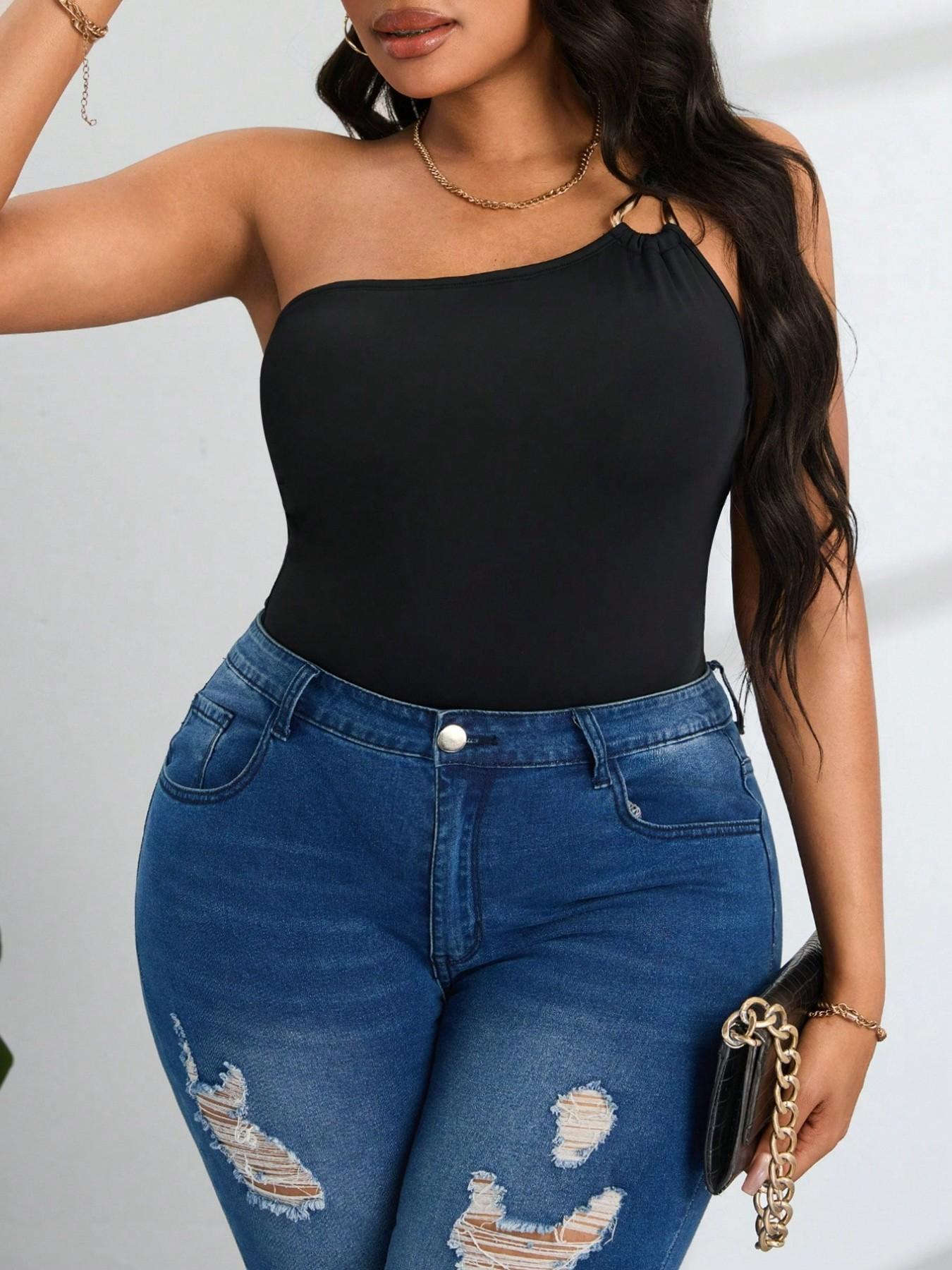 Plus Size One-Shoulder Metal Ring High Split Bodysuit, Waist Cinching Slimming Design, Perfect for Summer Daily Wear and Beach Vacation