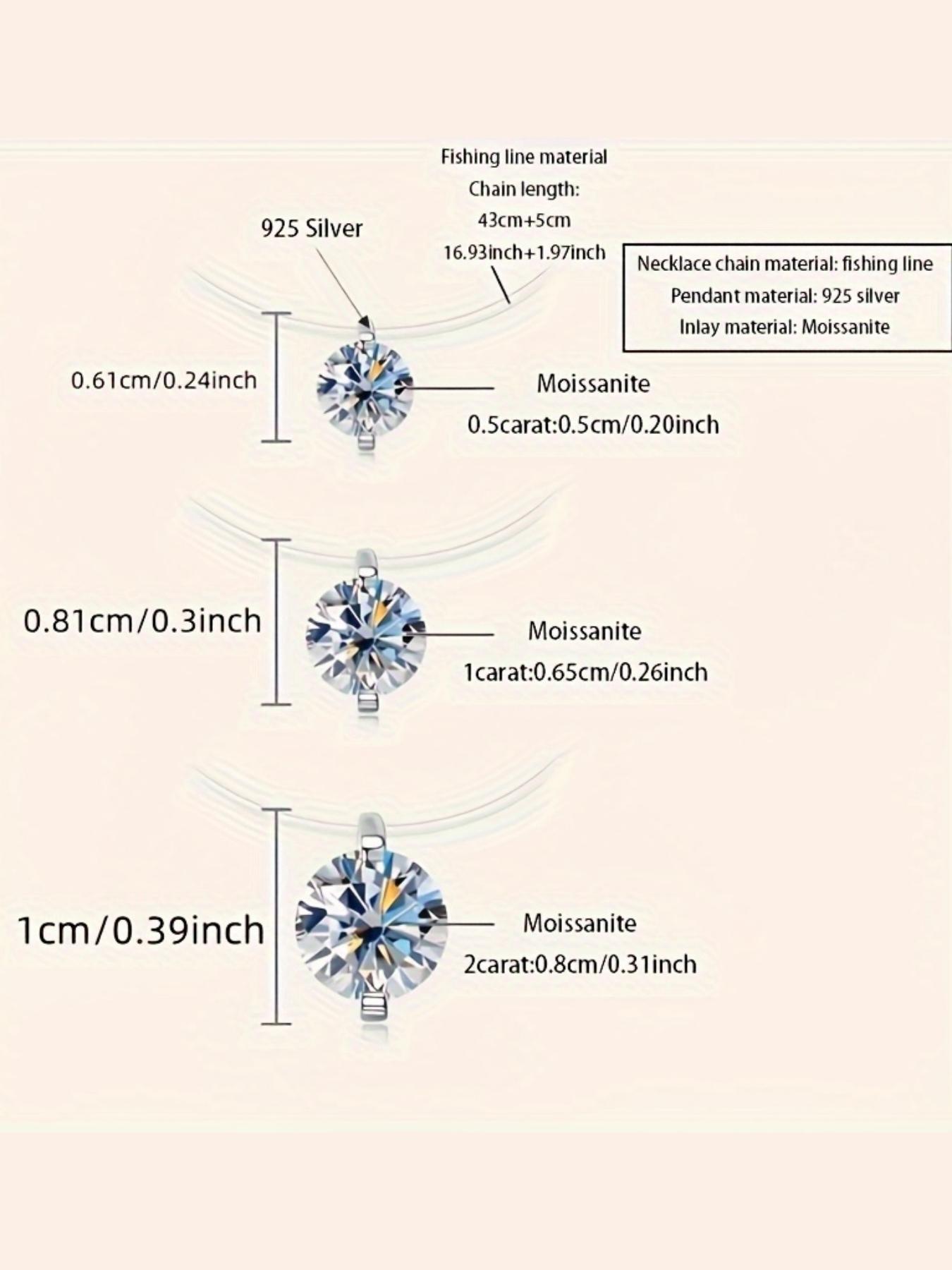 925 Silver Moissanite Pendant Necklace, 0.5-2 Carat, Simple Fish Line Design, Perfect for Weddings, Holidays, Birthdays, Gifts