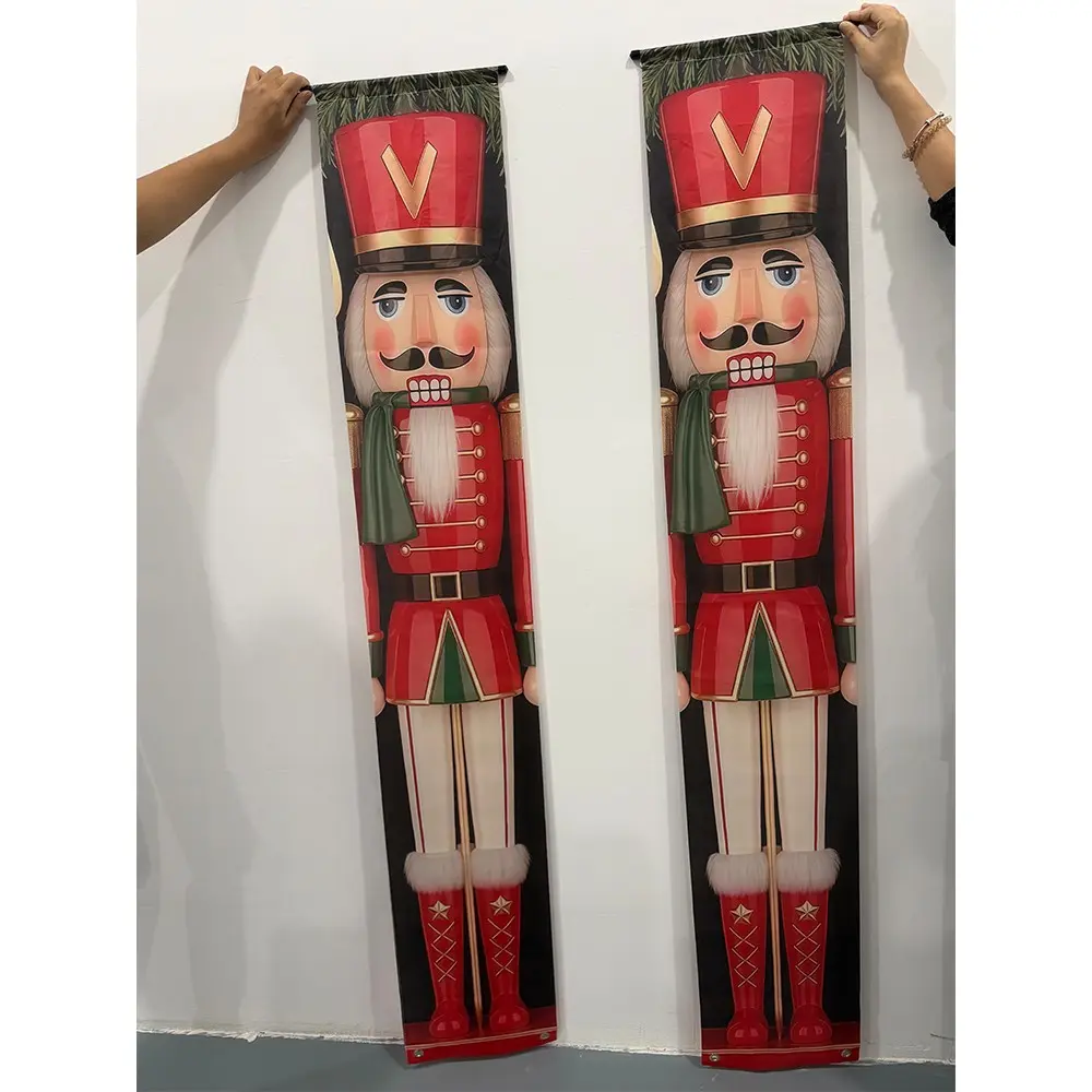 2D Flat 2pc Nutcracker Soldier Porch Banner Set, Classic Red Gold Christmas Nutcracker Soldier Figure Print Christmas Decorations, Festive Holiday Decor for Front Door, Winter Decor for Home Porch Xmas Party Backdrop