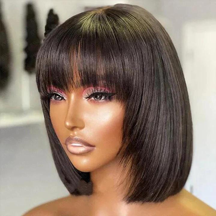 Bob Wig Human Hair With Bangs Glueless Straight 4x1 Transparent Lace Bob Wigs With Upgrade Breathable Bangs Natural Color for Women
